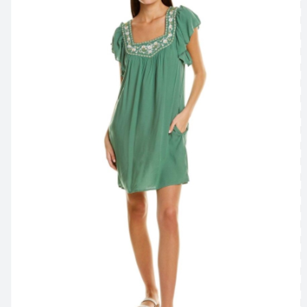 Max Studio Green Square Neck Embroidered Flutter Sleeve Mini Dress Sz XS